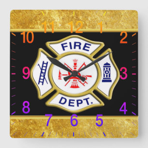 Fire Department logo Blue And White Badge gold Square Wall Clock