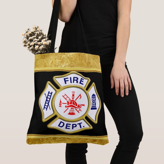 Fire Department logo Blue And White Badge gold Tote Bag (Close Up)