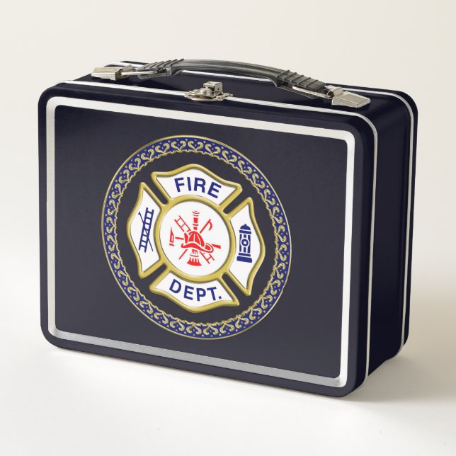 Fire Department logo Blue And White Badge Metal Lunch Box (Front)