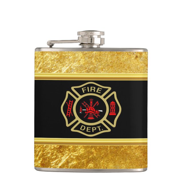Fire Department logo Gold And Back Badge gold Hip Flask (Front)