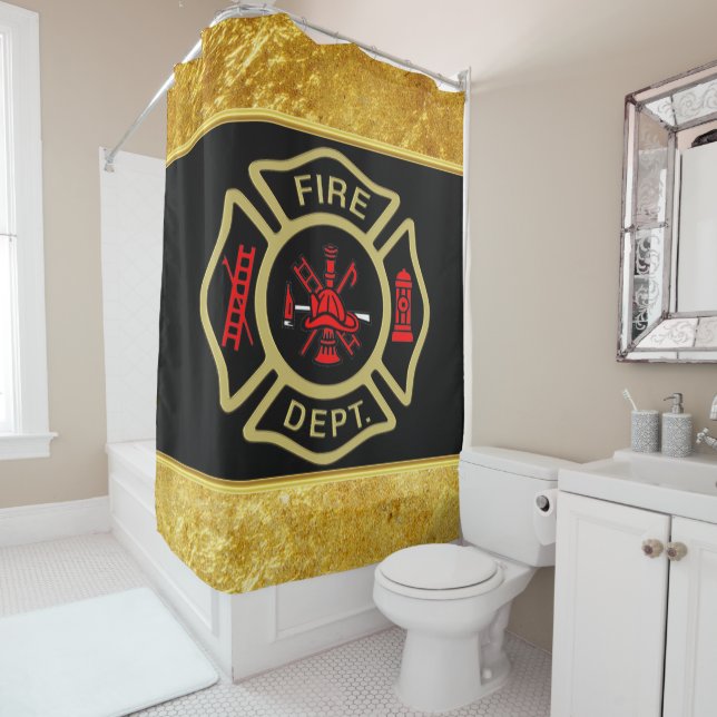 Fire Department logo Gold And Back Badge gold Shower Curtain (In Situ)