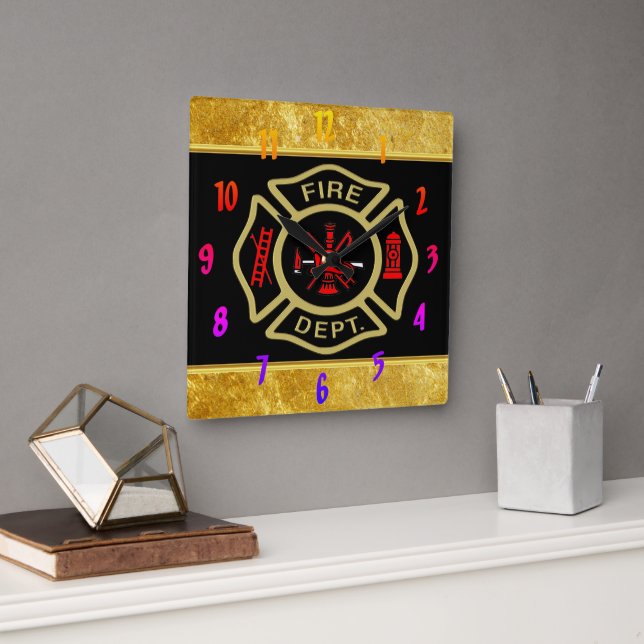 Fire Department logo Gold And Back Badge gold Square Wall Clock (Office)