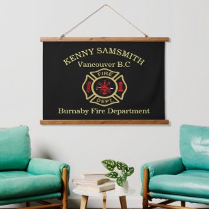 Fire Department logo Gold And Back Badge  Hanging Tapestry