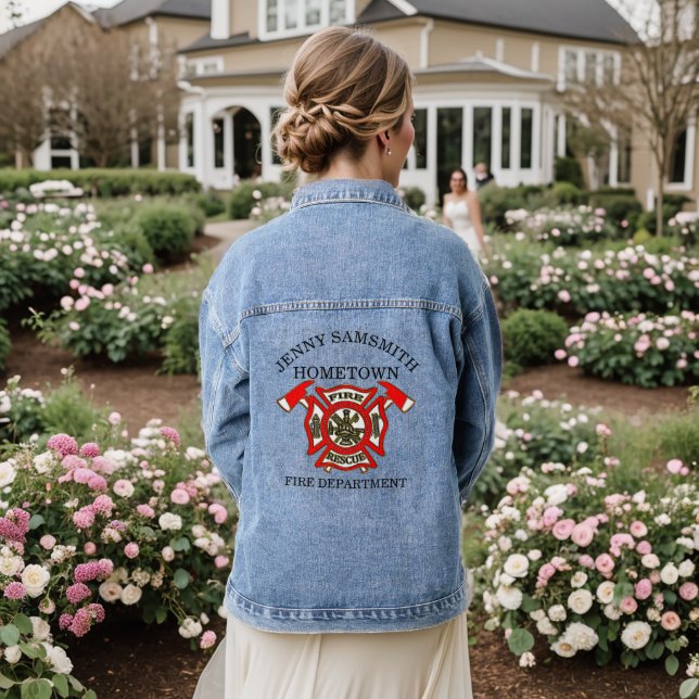 Fire Department logo Gold And Red Badge Denim Jacket (Wedding Back)