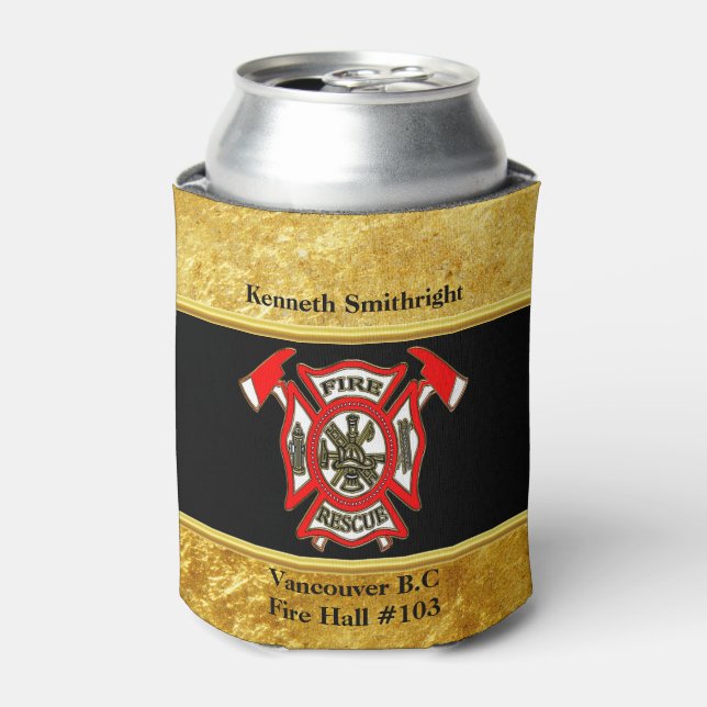 Fire Department logo Gold And Red Badge gold foil Can Cooler (Can Front)