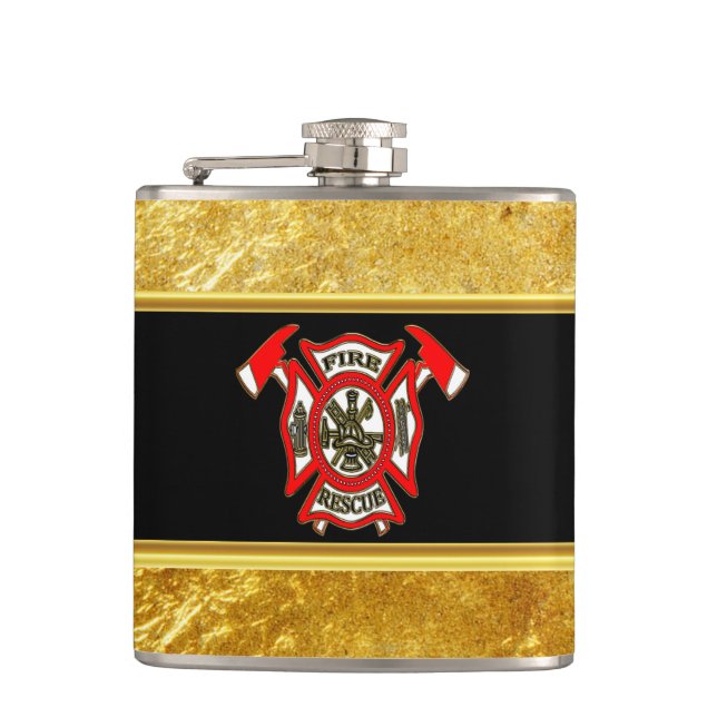 Fire Department logo Gold And Red Badge gold foil Hip Flask (Front)