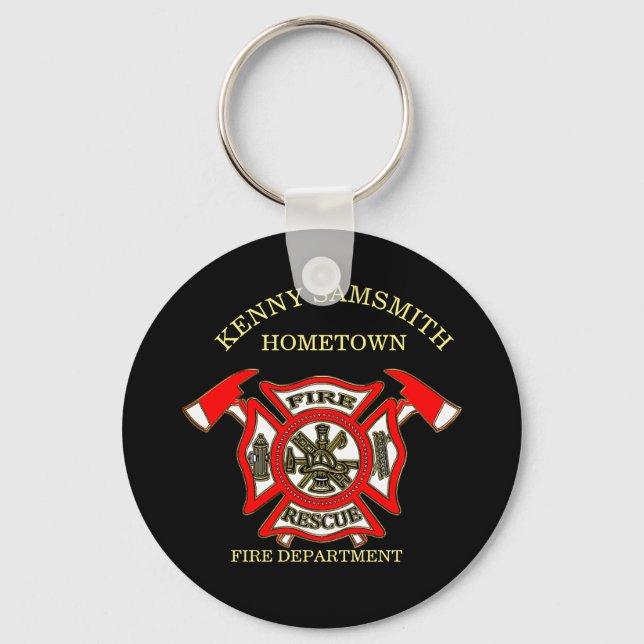 Fire Department logo Gold And Red Badge With Axes Key Ring (Front)