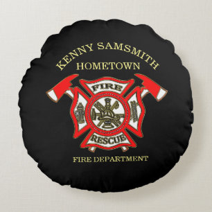 Fire Department logo Gold And Red Badge With Axes Round Cushion