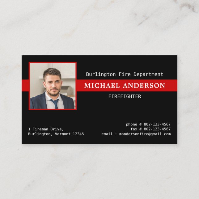 Fire Department Photo Logo Red Line Firefighter Business Card (Front)
