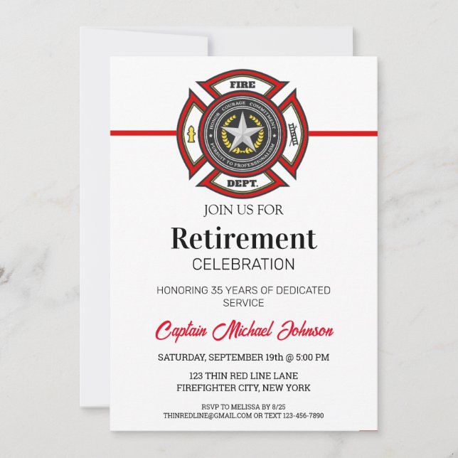 Fire Department thin Red Line  Retirement  Invitation (Front)
