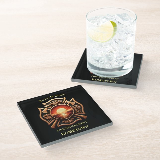 Fire Departments Badge of Honour Black And Red Glass Coaster (Angled)