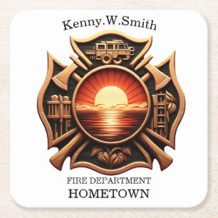 Fire Departments Badge of Honour Black And Red Square Paper Coaster