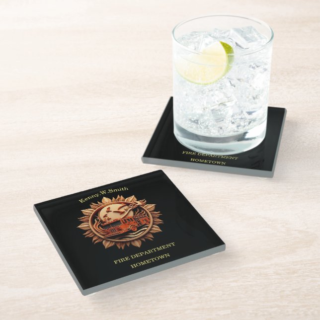 Fire Departments Badge radiating prestige, Honour Glass Coaster (Angled)