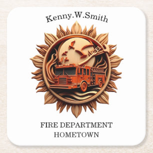 Fire Departments Badge radiating prestige, Honour Square Paper Coaster