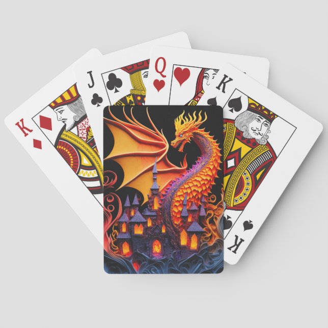 Fire Dragon Castle Fantasy Art Mythical Creatures Playing Cards (Back)