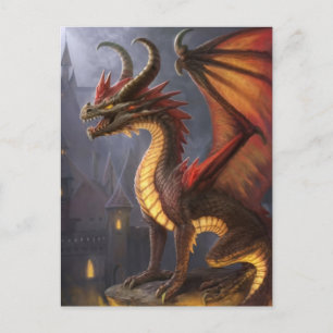 Fire Dragon Castle Fantasy Art Mythical Creatures Postcard