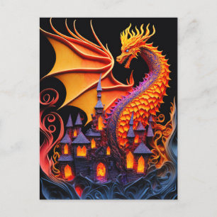 Fire Dragon Castle Fantasy Art Mythical Creatures Postcard