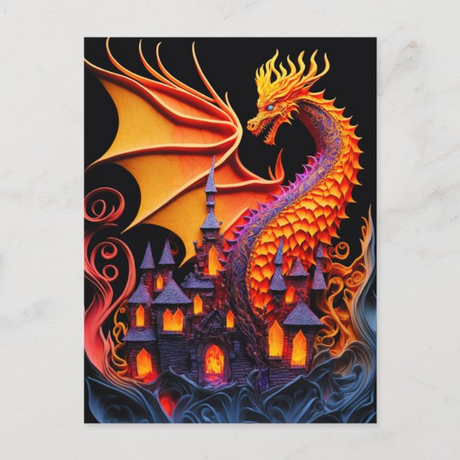 Fire Dragon Castle Fantasy Art Mythical Creatures Postcard (Front)