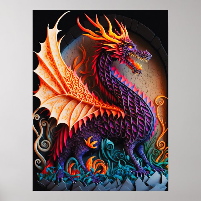 Fire Dragon Castle Fantasy Art Mythical Creatures Poster (Front)