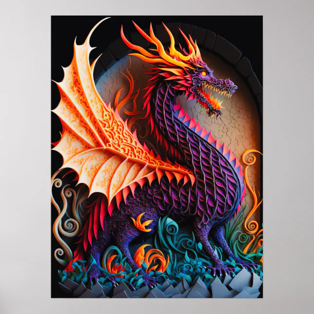 Fire Dragon Castle Fantasy Art Mythical Creatures Poster | Zazzle