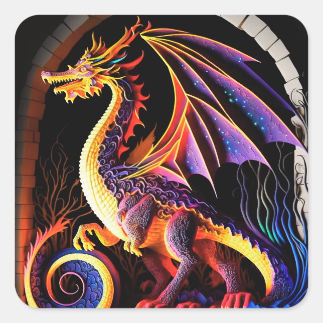 Fire Dragon Castle Fantasy Art Mythical Creatures Square Sticker (Front)