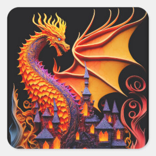 Fire Dragon Castle Fantasy Art Mythical Creatures Square Sticker