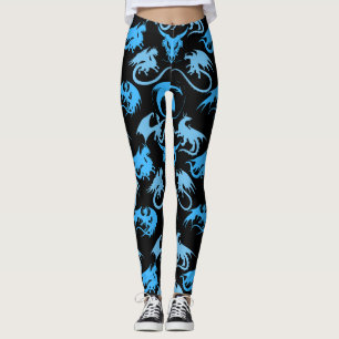 Fire Dragons Pattern LBlue Black BG Leggings