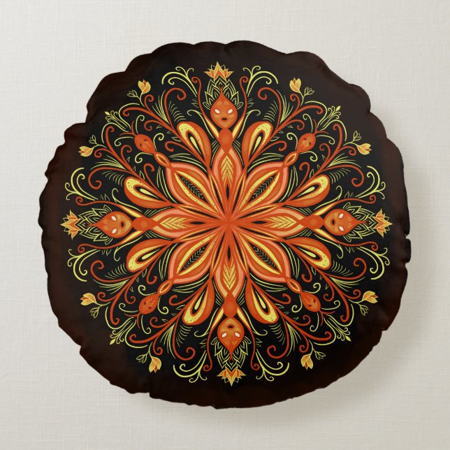 Fire Element Mandala - Kaleidoscopic Flame Creatur Round Cushion (Front)