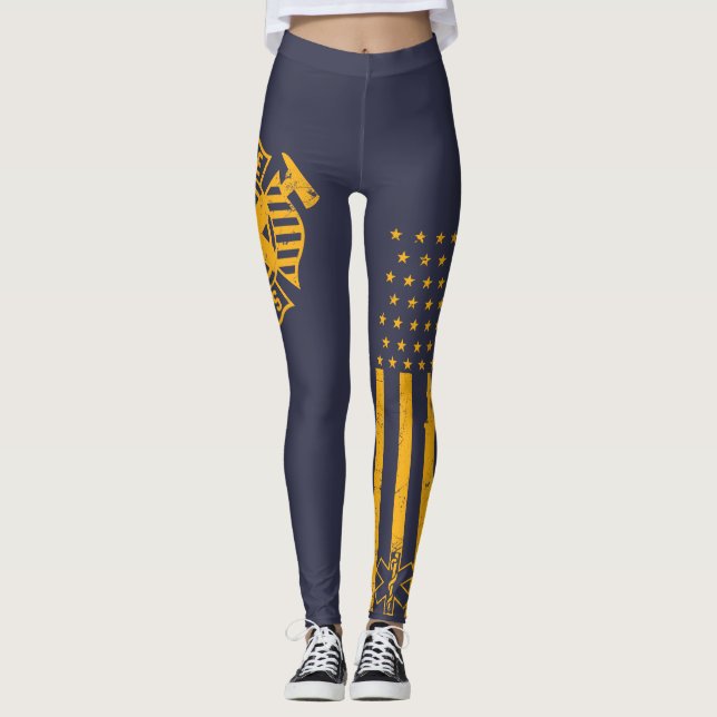 Fire/EMS flag shirt - distressed gold - WL Leggings (Front)