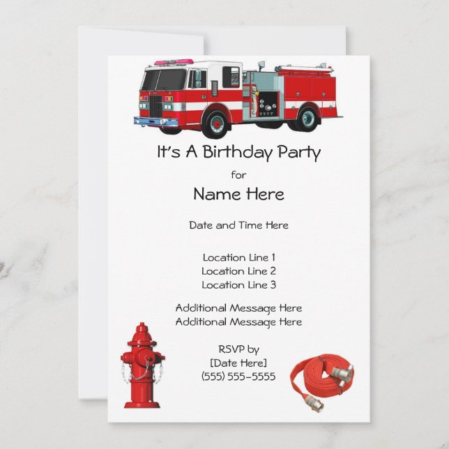 Fire Engine Birthday Party Invites (Front)