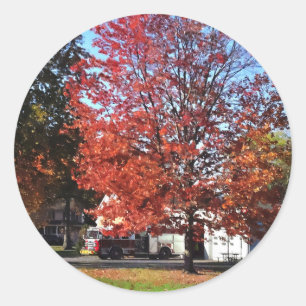Fire Engine by Fire Station in Autumn Classic Round Sticker