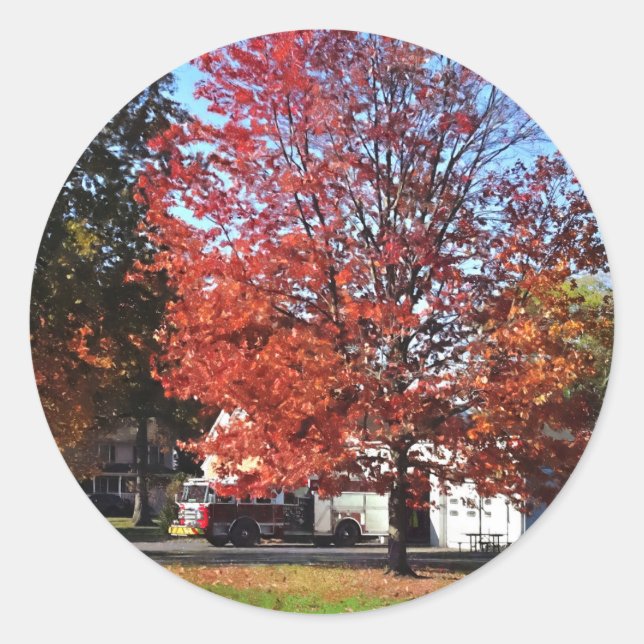 Fire Engine by Fire Station in Autumn Classic Round Sticker (Front)