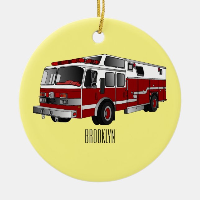 Fire engine cartoon illustration ceramic tree decoration (Front)