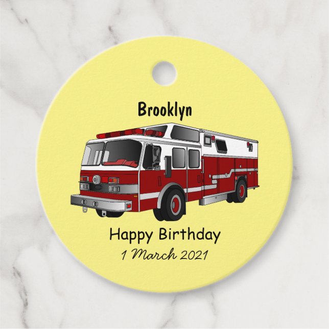 Fire engine cartoon illustration favour tags (Front)