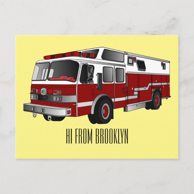 Fire engine cartoon illustration postcard (Front)