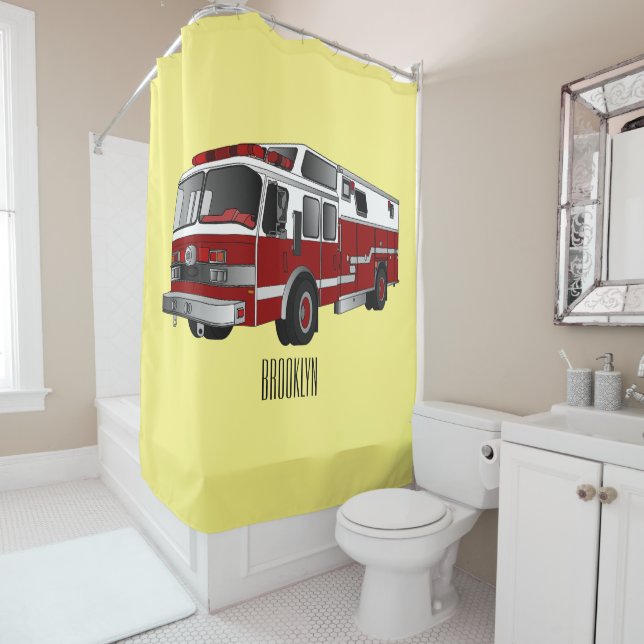Fire engine cartoon illustration shower curtain (In Situ)