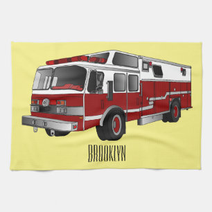 Fire engine cartoon illustration tea towel