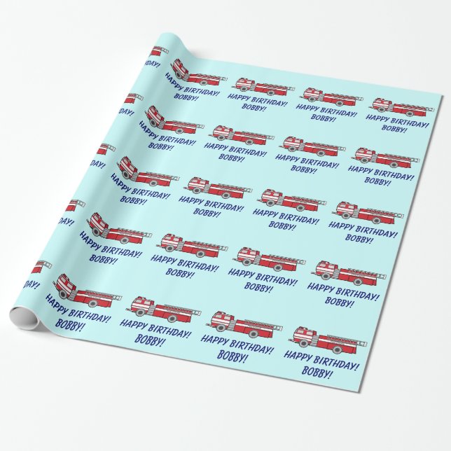Fire Engine Happy Birthday Name Customisable Wrapping Paper (Unrolled)