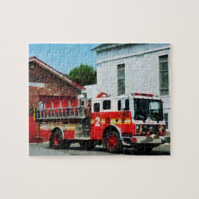 Fire Engine in Front of Fire Station Jigsaw Puzzle (Horizontal)