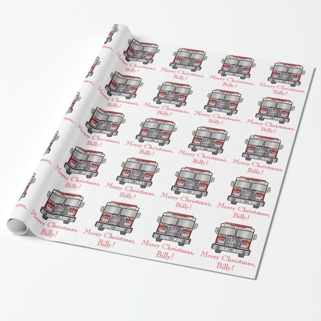 Fire Engine: Merry Christmas Name Customisable Wrapping Paper (Unrolled)
