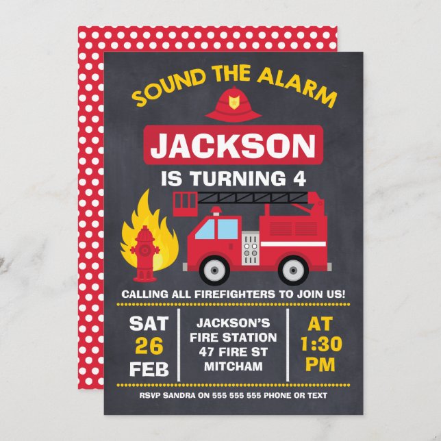 Fire Engine Or Fire Truck Birthday Invitation (Front/Back)