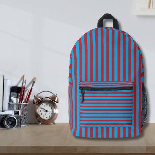 Fire Engine Red and Blue Cool Vintage Striped Printed Backpack