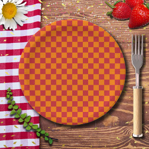 Fire Engine Red and Orange Chequered Vintage Paper Plate