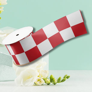 Fire Engine Red and White Chequered Vintage Satin Ribbon