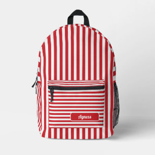 Fire Engine Red and White Vintage Striped Name Printed Backpack