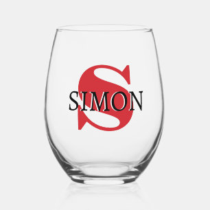 Fire Engine Red Initial and Black Name   Modern  Stemless Wine Glass