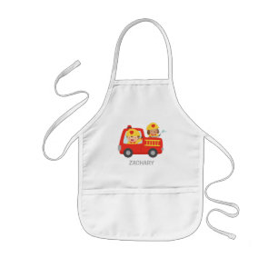 Fire fighter Boy and Dog in Red Fire Truck Apron