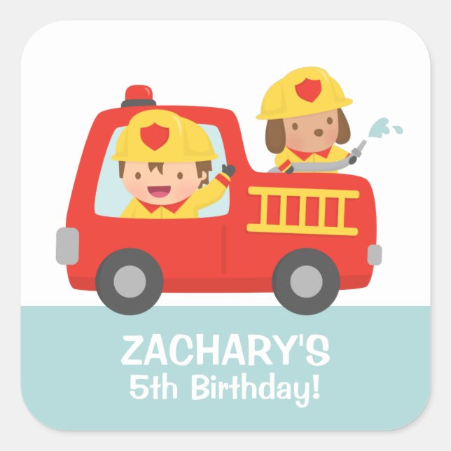 Fire fighter Boy in Red Fire Truck Birthday Party Square Sticker (Front)