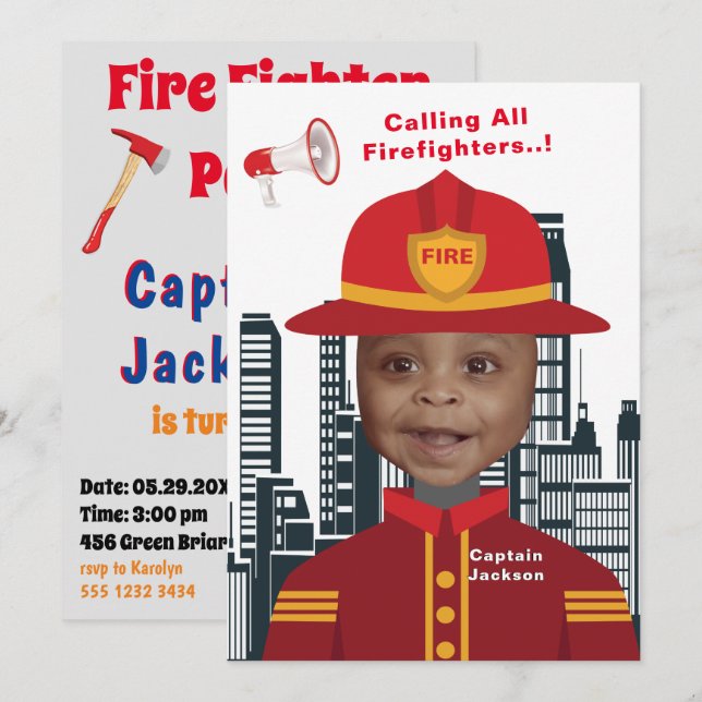 Fire Fighter Boys Photo Template Birthday (Front/Back)