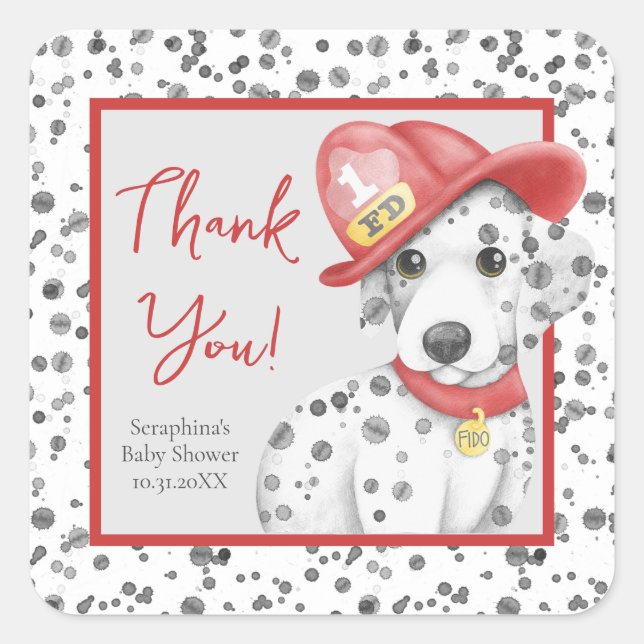 Fire Fighter Dalmatian Spots Baby Shower Thank You Square Sticker (Front)